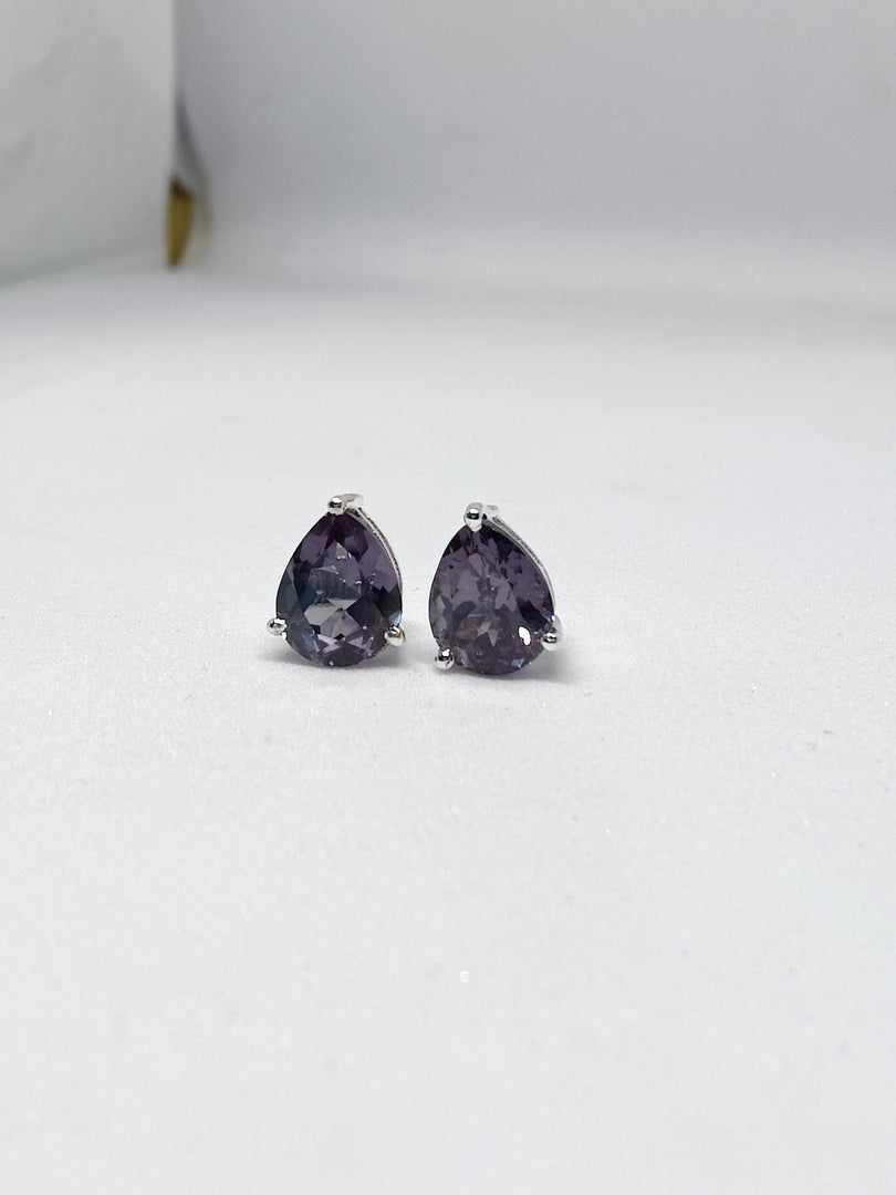Color-Changing Pear Cut Alexandrite Sterling Silver Stud Earrings, June Birthstone