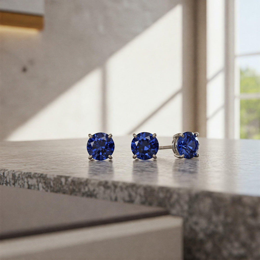 Sapphire Stud Earrings | Round Blue Sapphire Earrings | 925 Sterling Silver Gemstone Studs | Gift for Her |September Birthstone