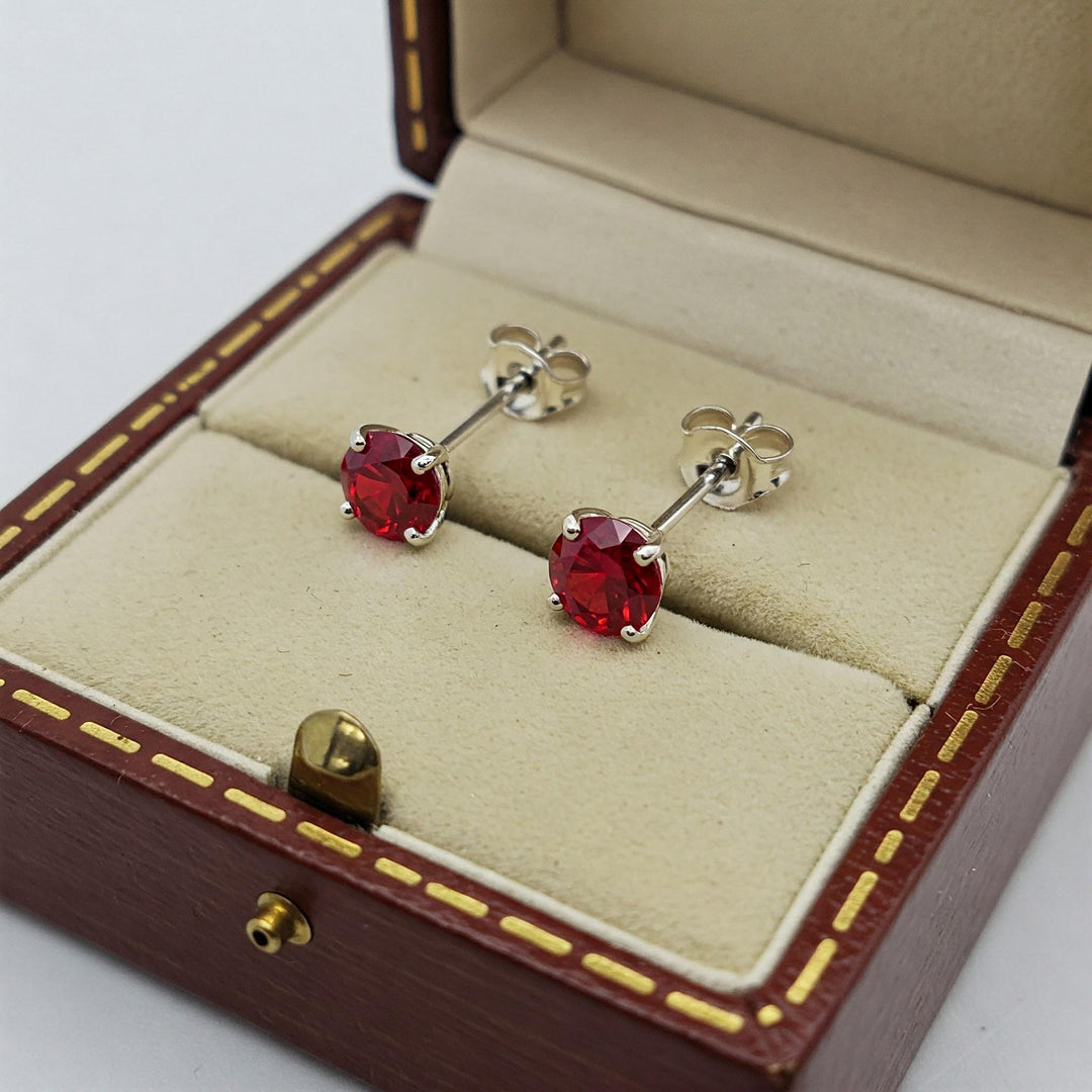 Ruby Stud Earrings | Round Pigeon Blood Red | July Birthstone | 925 Sterling Silver | Gift for Her
