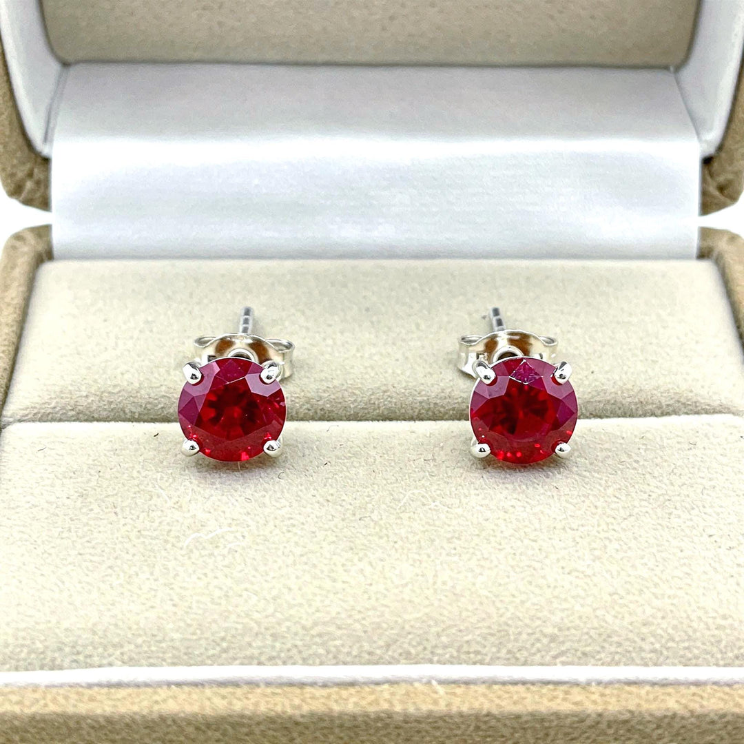 Ruby Stud Earrings | Round Pigeon Blood Red | July Birthstone | 925 Sterling Silver | Gift for Her