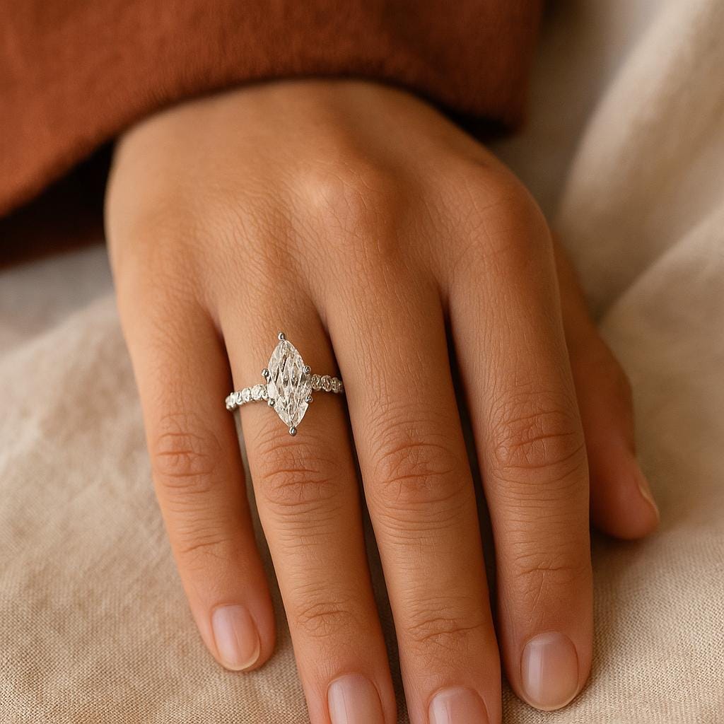 Marquise Moissanite Engagement Ring: 14K Gold Pave Setting