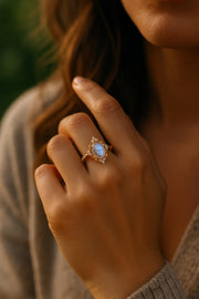Vintage Oval Moonstone Ring: Sterling Silver Diamond Promise Ring