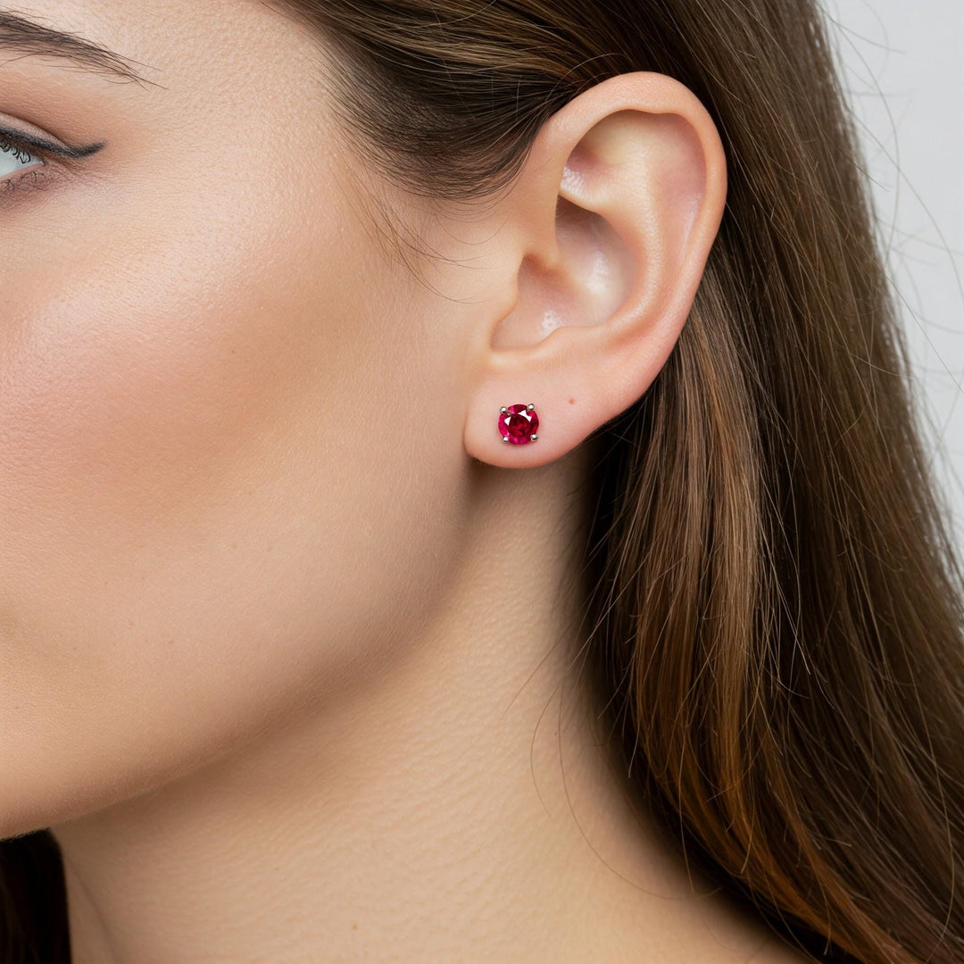Ruby Stud Earrings | Round Pigeon Blood Red | July Birthstone | 925 Sterling Silver | Gift for Her