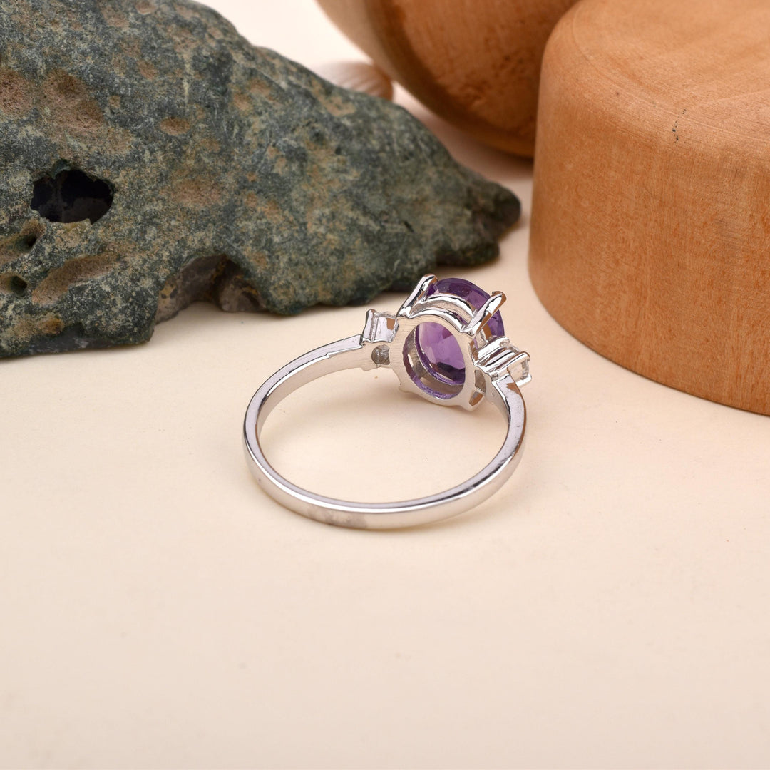 Oval Amethyst Ring, 14k Rose Gold, Emerald Cut Gemstone, February Birthstone, Promise Ring