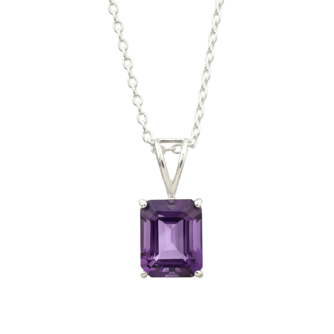 Emerald Cut Amethyst Pendant, 925 Sterling Silver Necklace