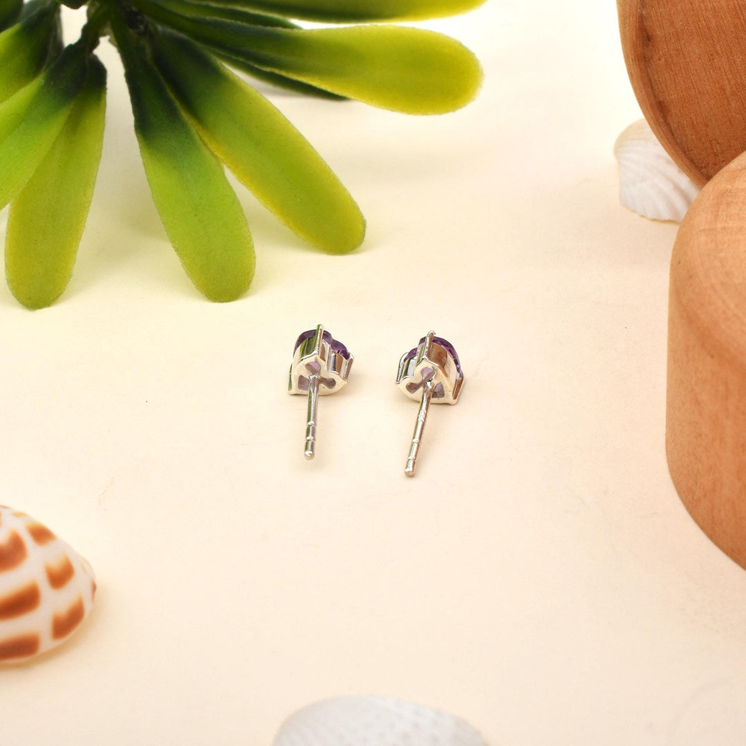 Heart Stud Earrings, Sterling Silver, Natural Amethyst, February Birthstone
