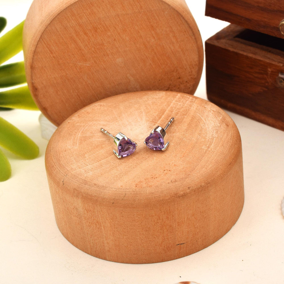 Heart Stud Earrings, Sterling Silver, Natural Amethyst, February Birthstone