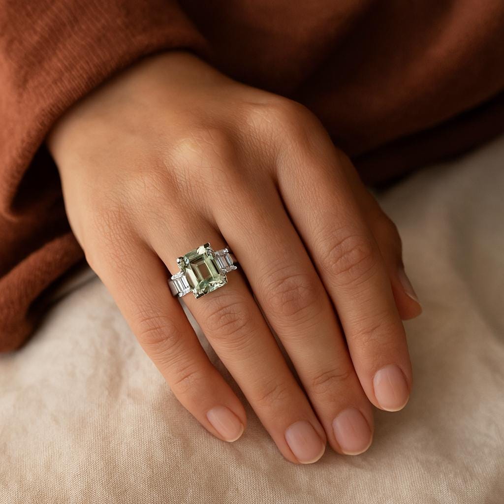 Emerald Cut Green Amethyst Ring, Gold Vermeil, Sterling Silver, Bridal Anniversary Gift