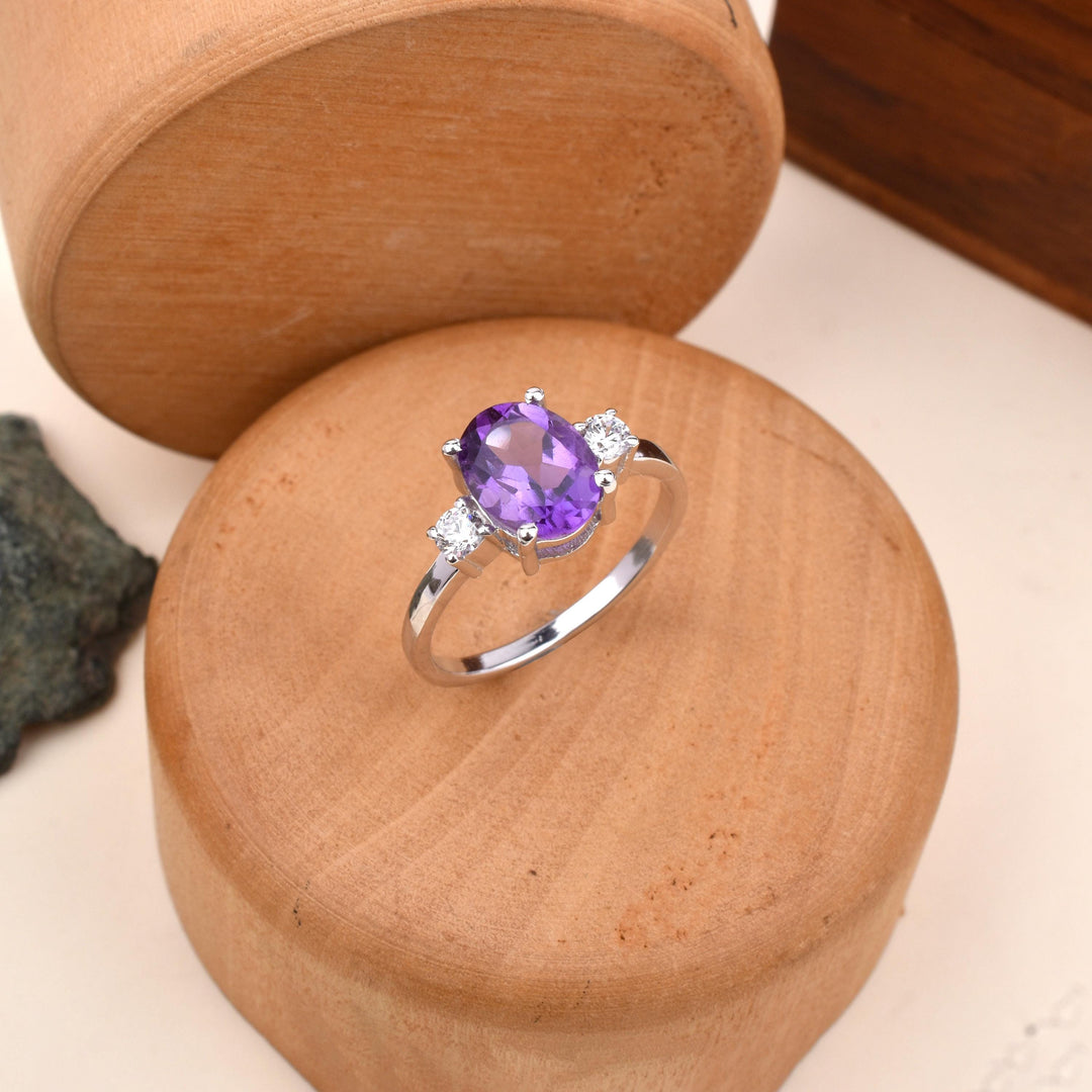 Oval Amethyst Ring, 14k Rose Gold, Emerald Cut Gemstone, February Birthstone, Promise Ring