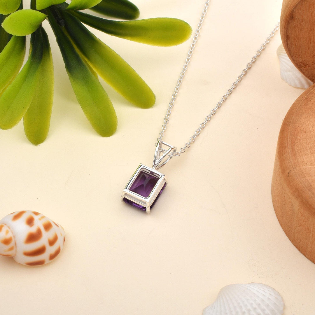 Emerald Cut Amethyst Pendant, 925 Sterling Silver Necklace