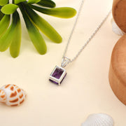 Emerald Cut Amethyst Pendant, 925 Sterling Silver Necklace