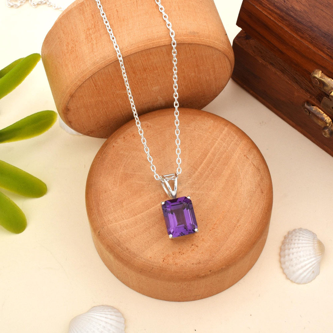 Emerald Cut Amethyst Pendant, 925 Sterling Silver Necklace