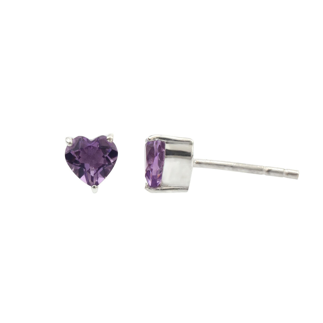 Heart Stud Earrings, Sterling Silver, Natural Amethyst, February Birthstone