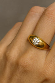 14K Gold Moissanite Signet Ring: Vintage Flush Set Solitaire Engagement