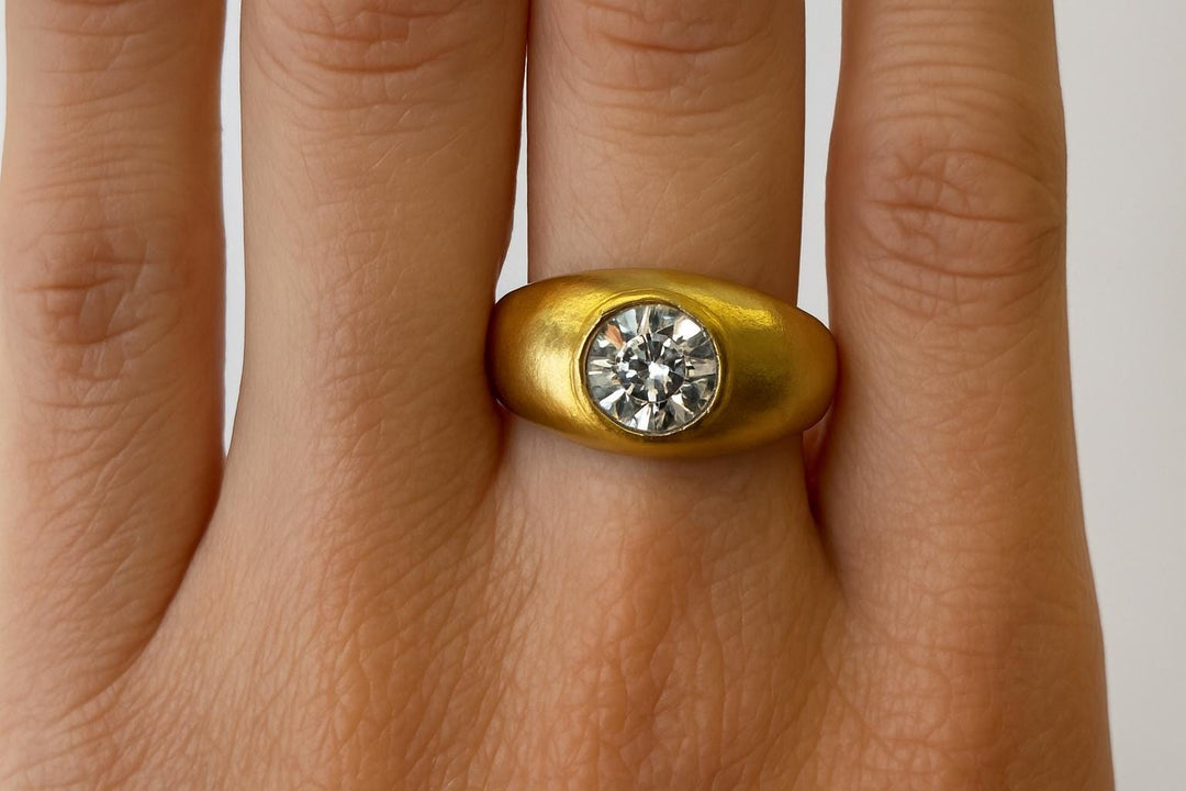 14K Gold Moissanite Signet Ring: Vintage Flush Set Solitaire Engagement