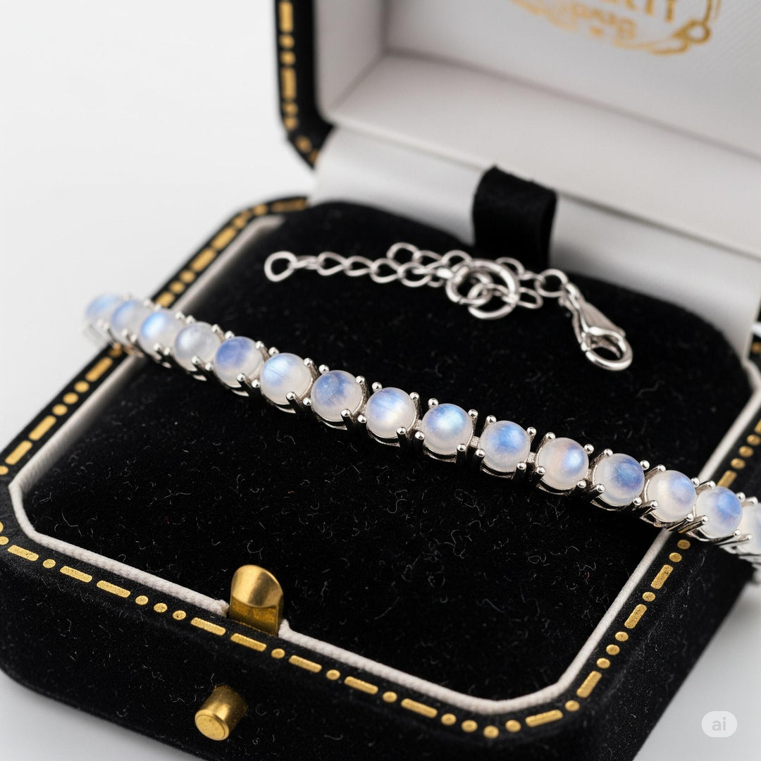 Rainbow Moonstone Tennis Bracelet: Brass, Rhodium Plated