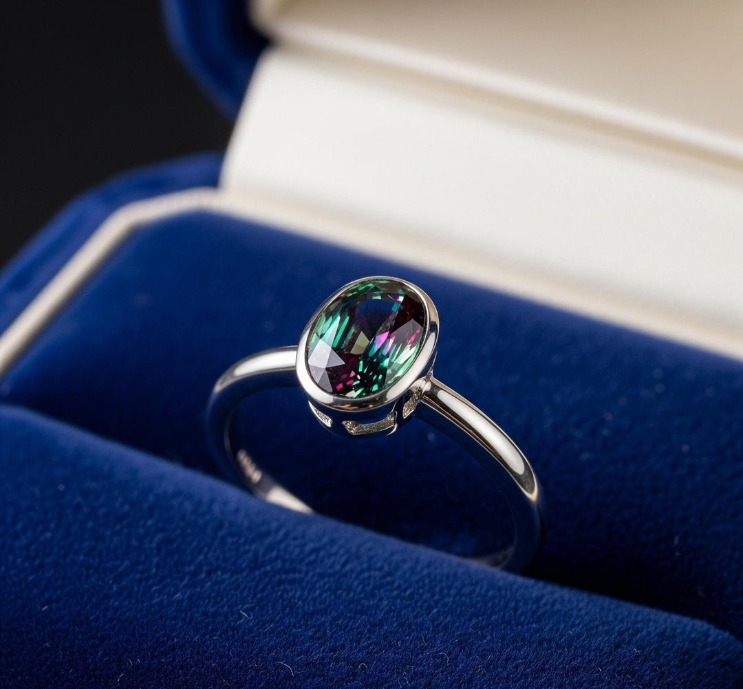 Color Change Oval Alexandrite Ring: 14k Gold June Birthstone Dainty Promise Wedding Ring
