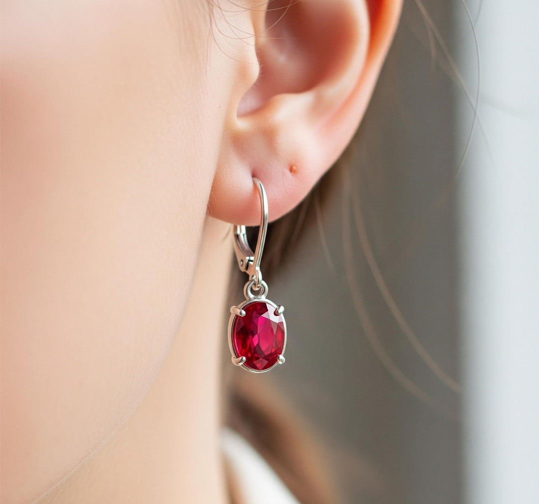 Ruby Earrings, Oval Cut Dangle Earrings, Fine Silver or 14k Gold Vermeil Handcrafted Earrings, January Birthstone Solitaire, Gift For Her