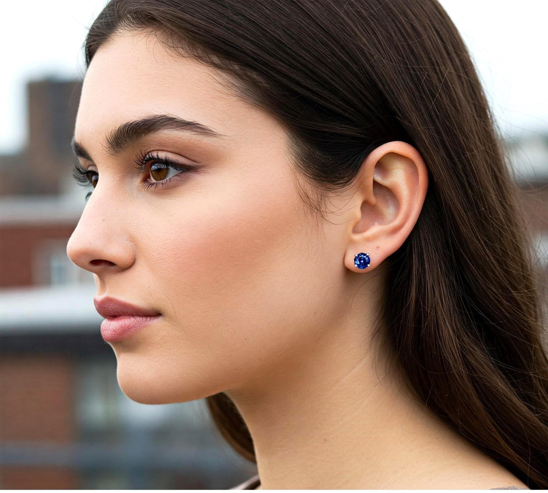 Sapphire Stud Earrings | Round Blue Sapphire Earrings | 925 Sterling Silver Gemstone Studs | Gift for Her |September Birthstone