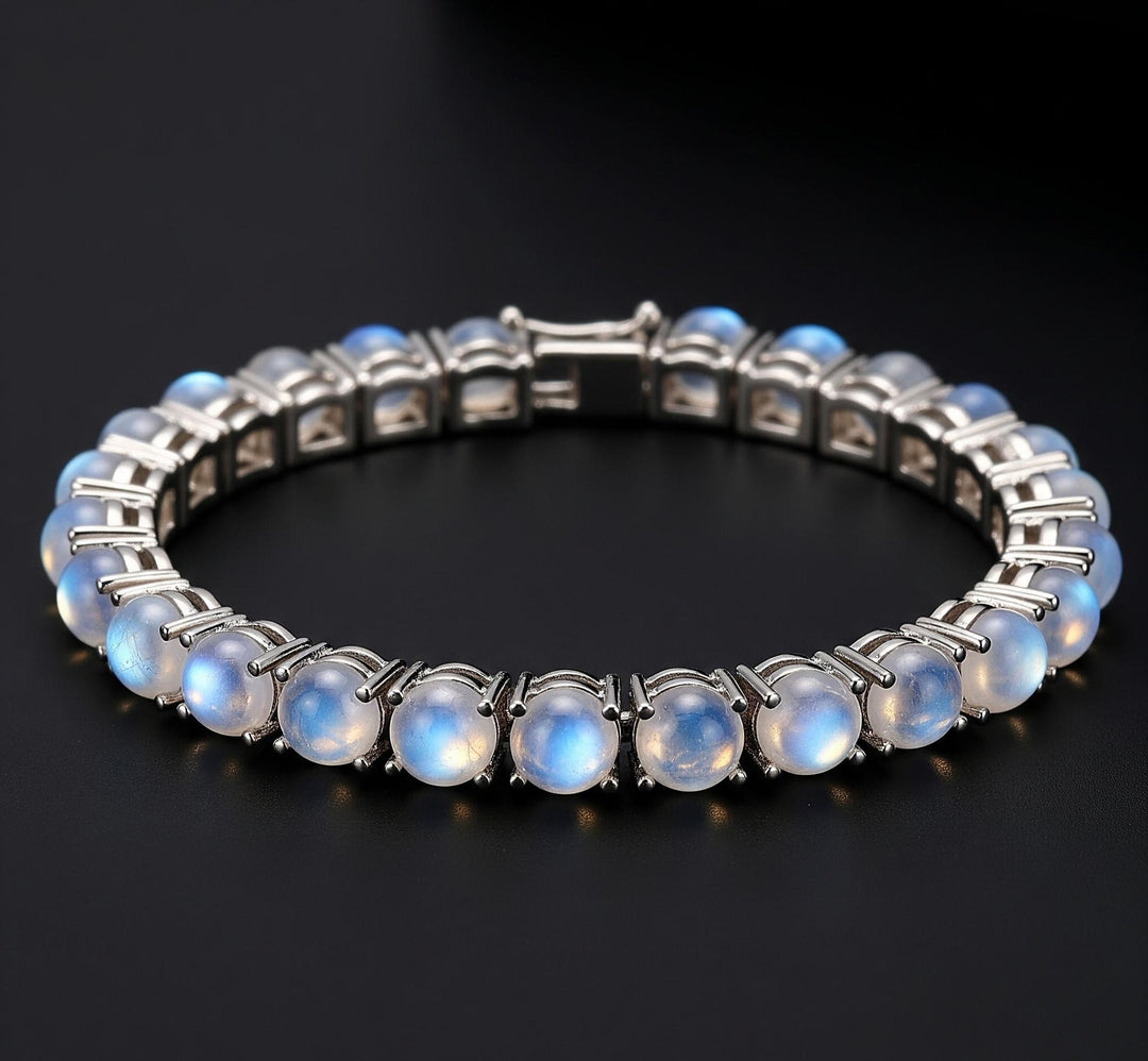 Rainbow Moonstone Tennis Bracelet: Brass, Rhodium Plated
