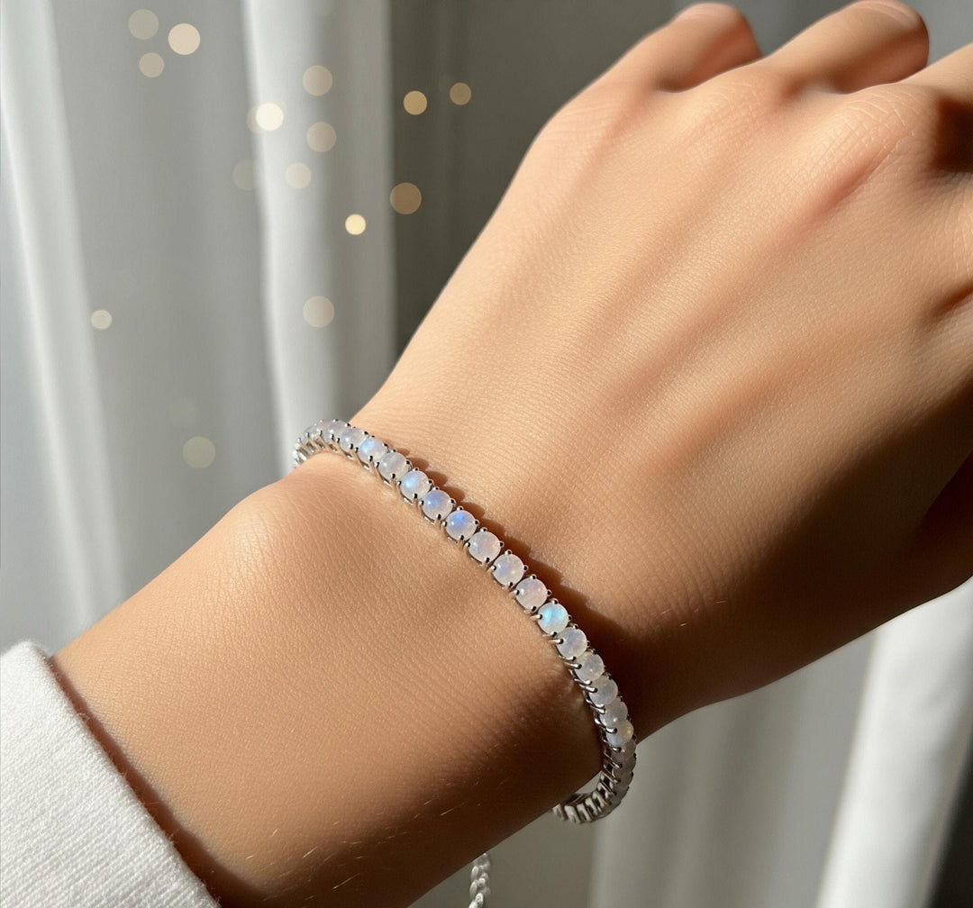 Rainbow Moonstone Tennis Bracelet: Brass, Rhodium Plated