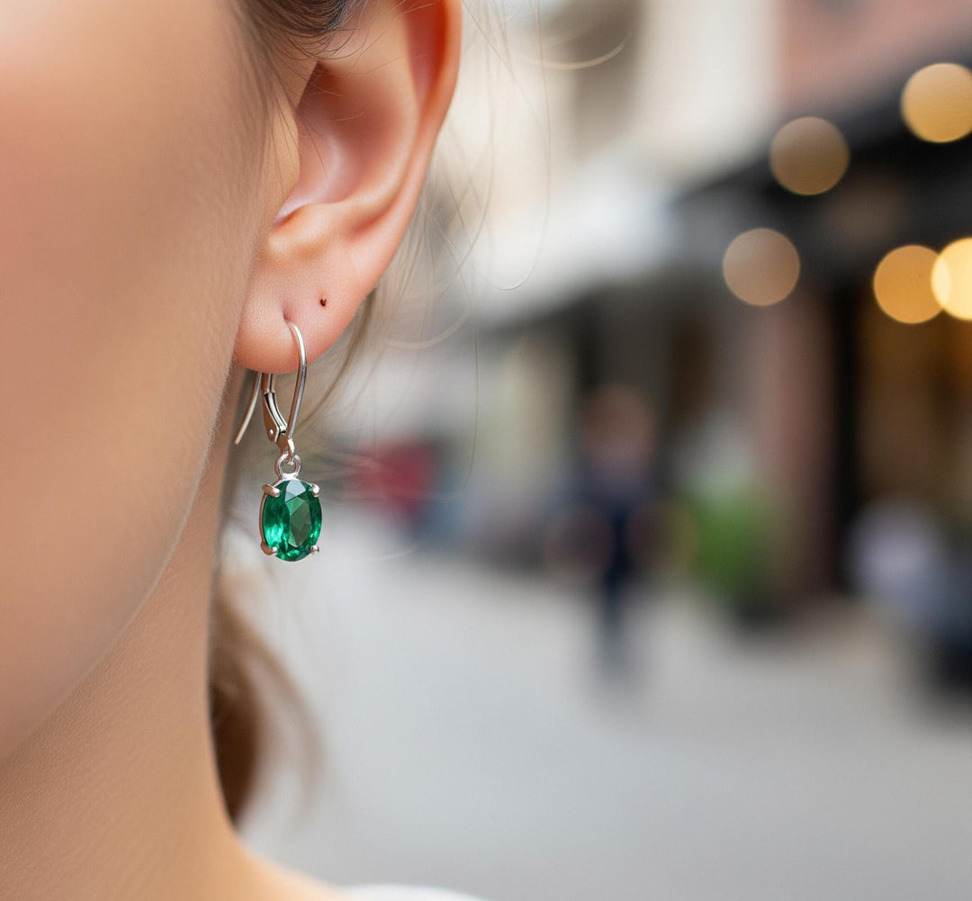 Sterling Silver Emerald Dangle Earrings, Leverback Gemstone Jewelry