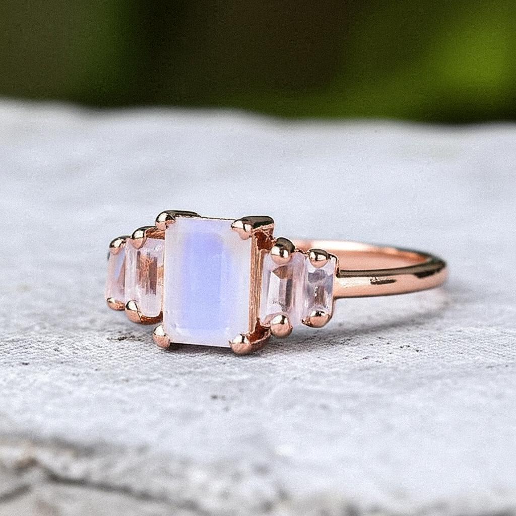 Vintage Moonstone Ring: 14K Rose Gold, Simulated Diamond Accents
