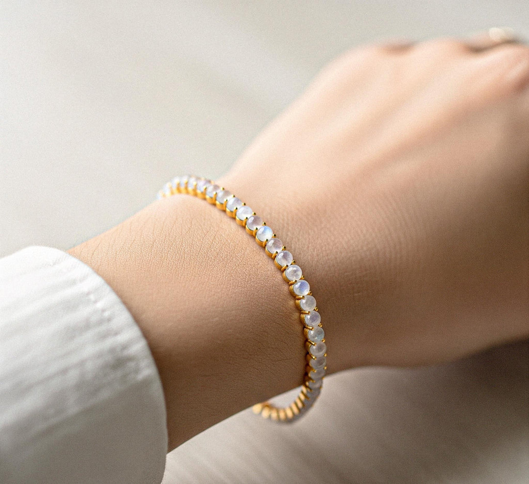 Rainbow Moonstone Tennis Bracelet: Brass, Rhodium Plated