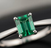 Emerald Cut Lab Emerald Ring: Sterling Silver Vine Band, May Birthstone