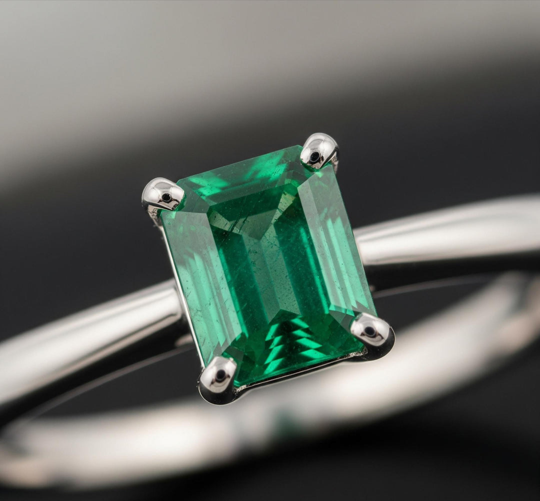 Emerald Cut Lab Emerald Ring: Sterling Silver Vine Band, May Birthstone