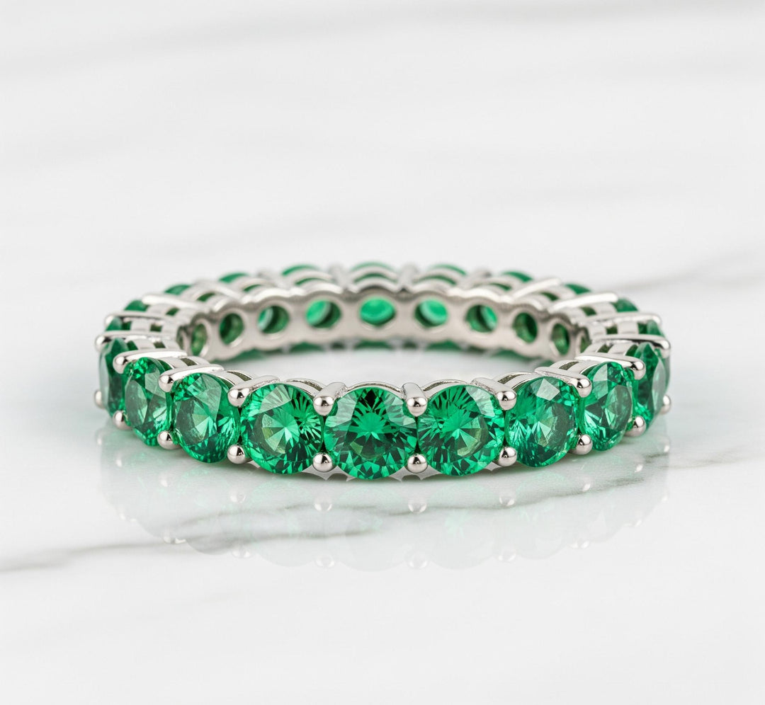 Solid Gold Emerald Full Eternity Band, Round Cut Anniversary Ring
