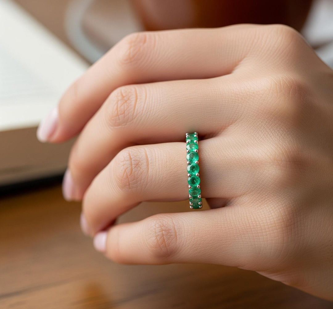 Solid Gold Emerald Full Eternity Band, Round Cut Anniversary Ring