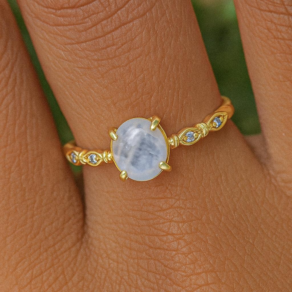 Dainty Moonstone Ring: 925 Sterling Silver, Simulated Diamond Accents