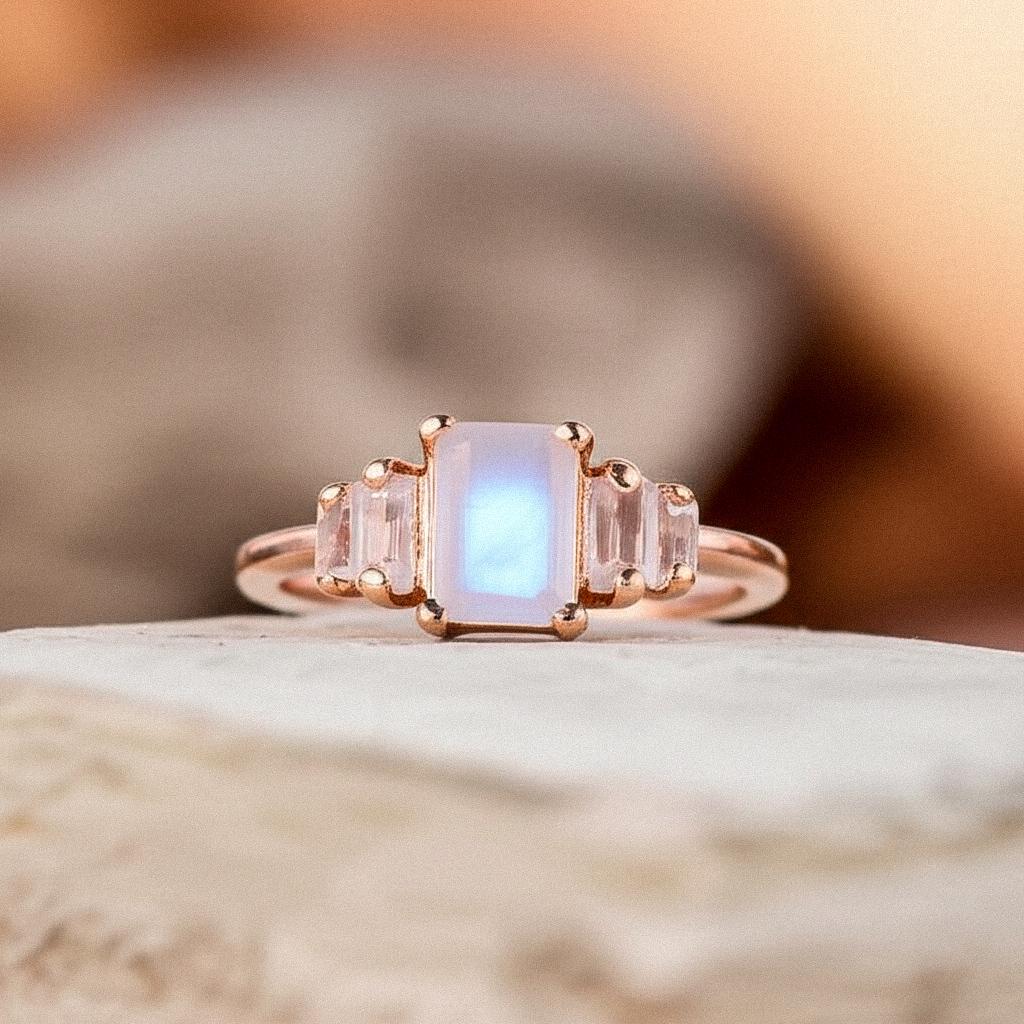 Vintage Moonstone Ring: 14K Rose Gold, Simulated Diamond Accents