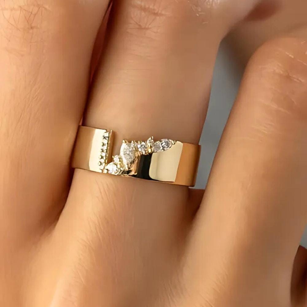 Moissanite Gold Fractured Cigar Band wedding ring in 14k solid gold with marquise and round cut diamonds