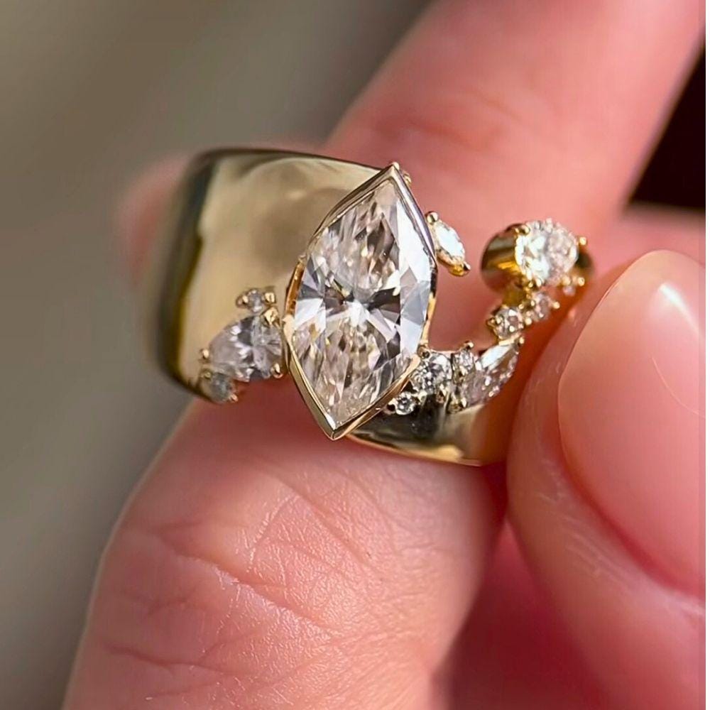 Marquise Cut Moissanite Gold Fractured Cigar Band, 14K Yellow Gold Engagement Wedding Round Cut Stacking Band, Thick Unique Cigar Band