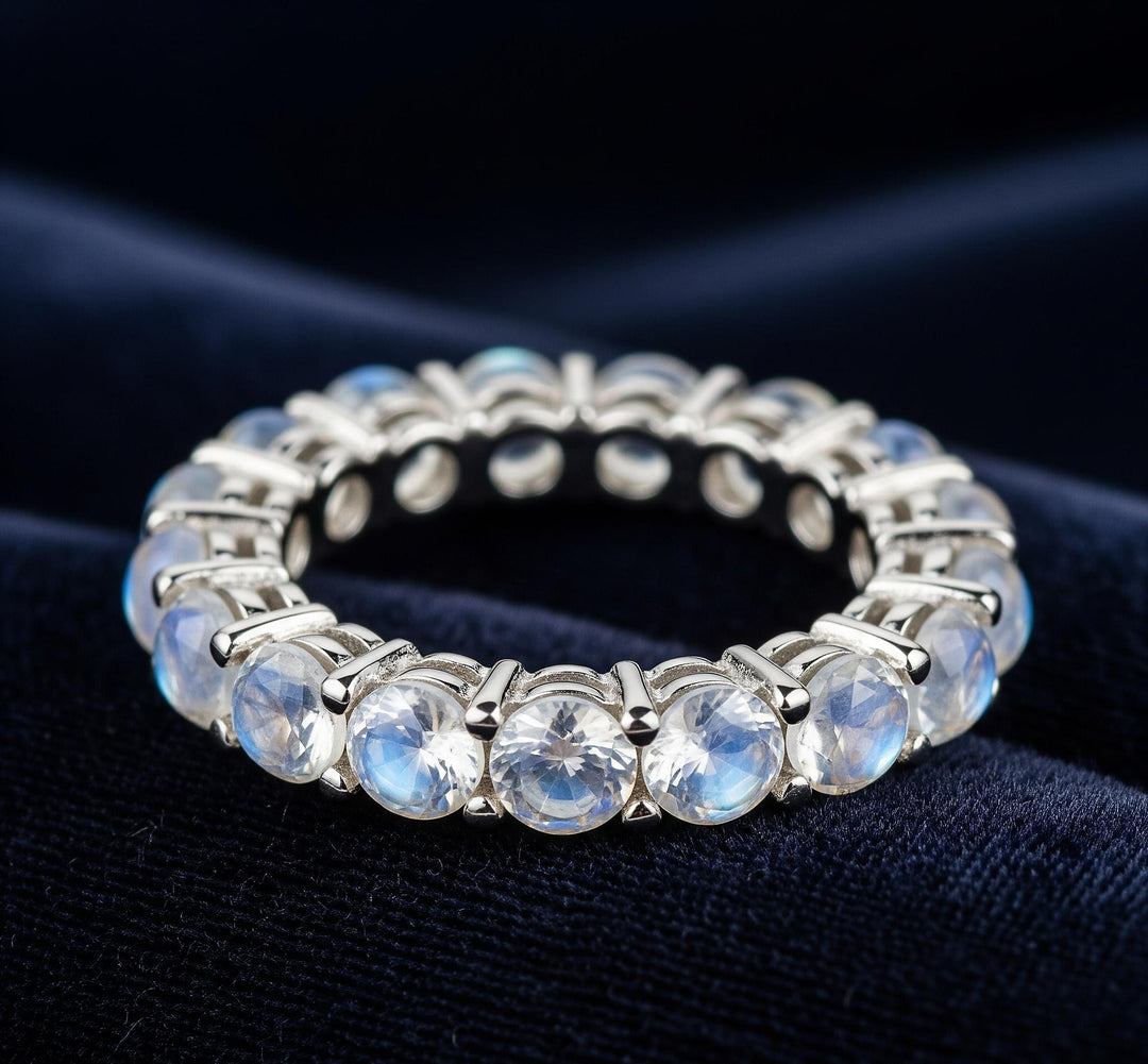 Moonstone Full Eternity Ring, 22K Gold Plated Sterling Silver, Natural Rainbow Gemstone Band