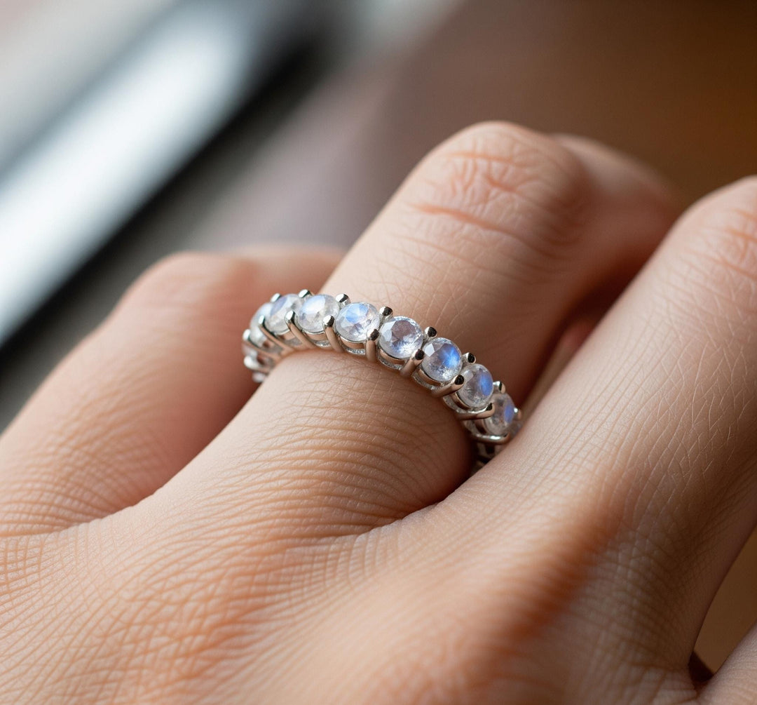 Moonstone Full Eternity Ring, 22K Gold Plated Sterling Silver, Natural Rainbow Gemstone Band