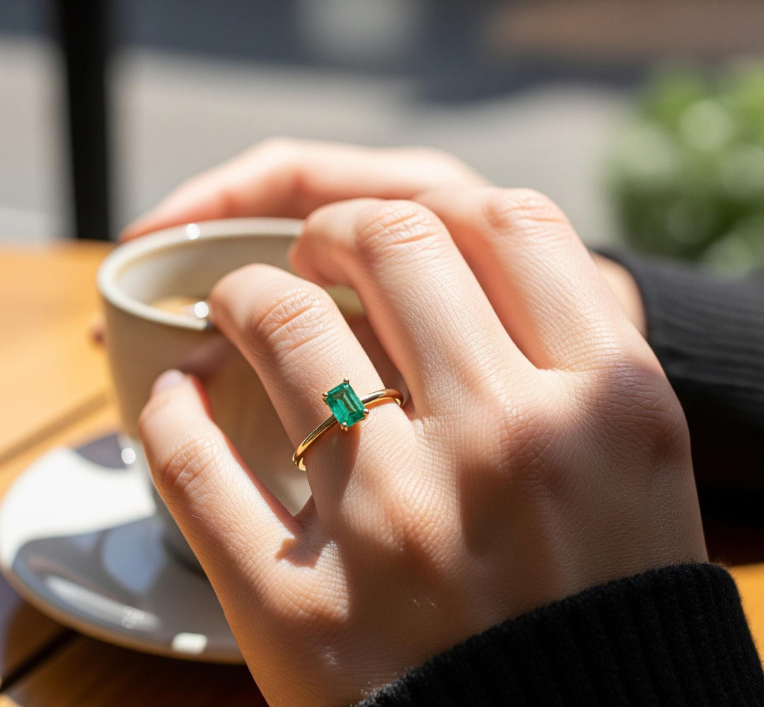 Emerald Cut Lab Emerald Ring: Sterling Silver Vine Band, May Birthstone