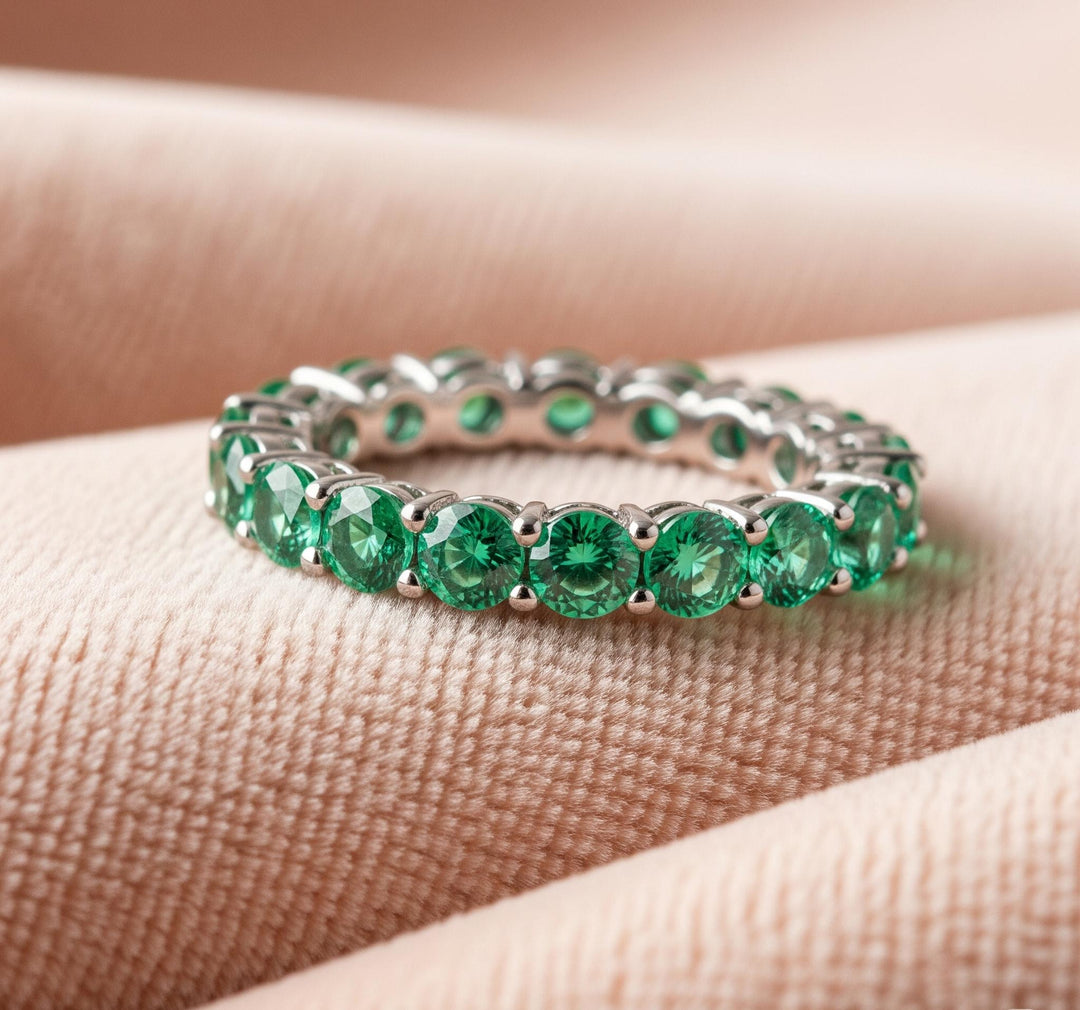 Solid Gold Emerald Full Eternity Band, Round Cut Anniversary Ring