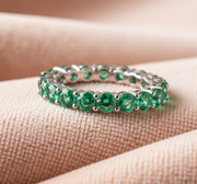 Solid Gold Emerald Full Eternity Band, Round Cut Anniversary Ring