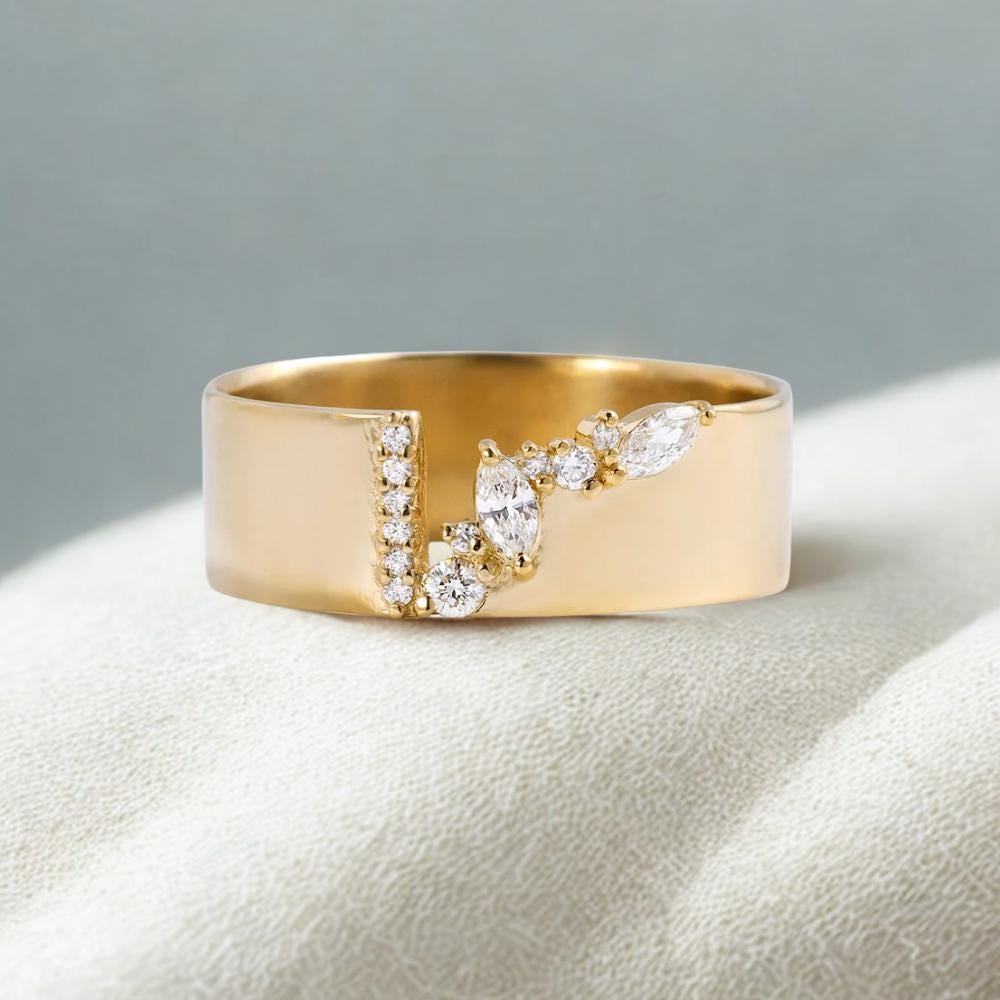 Moissanite Gold Fractured Cigar Band, Wedding DIamond Marquise Round Cut Stacking Band, Thick Rounded Cigar Prong Band in 14k Solid Gold