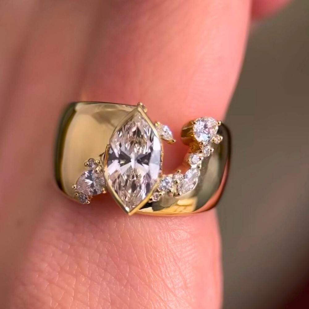 Marquise Cut Moissanite Gold Fractured Cigar Band, 14K Yellow Gold Engagement Wedding Round Cut Stacking Band, Thick Unique Cigar Band