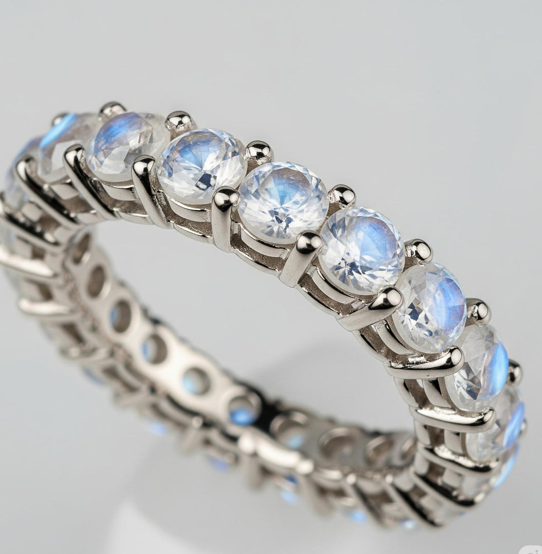 Moonstone Full Eternity Ring, 22K Gold Plated Sterling Silver, Natural Rainbow Gemstone Band