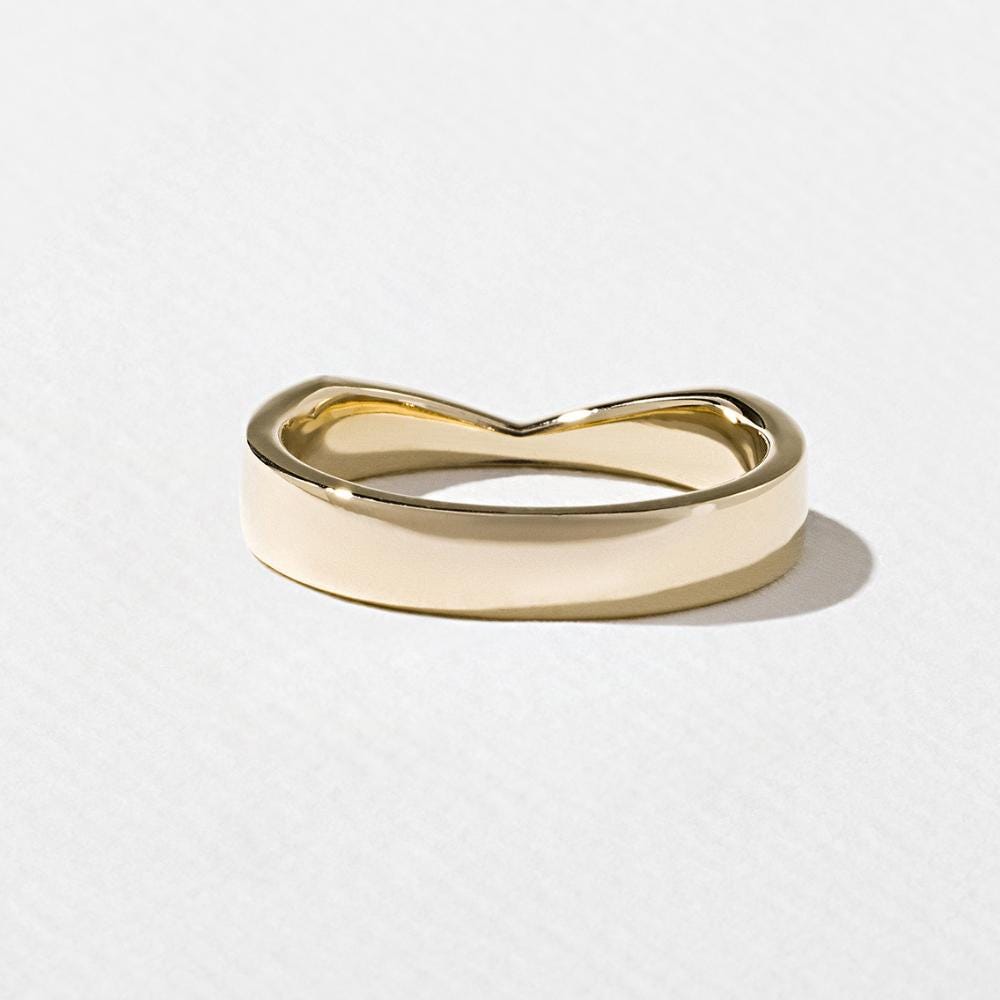 14k Solid Gold Curved Cigar Wedding Band, V Shaped Chevron Stacking Ring, Minimalist Wide Band for Everyday Wear, Unique Engagement Gift