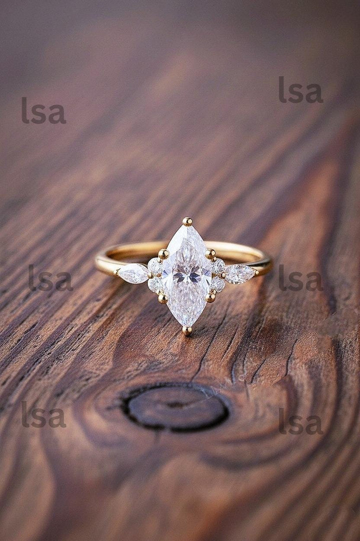 Marquise Moissanite Engagement Ring: 14k Gold Seven Stone Wedding Band