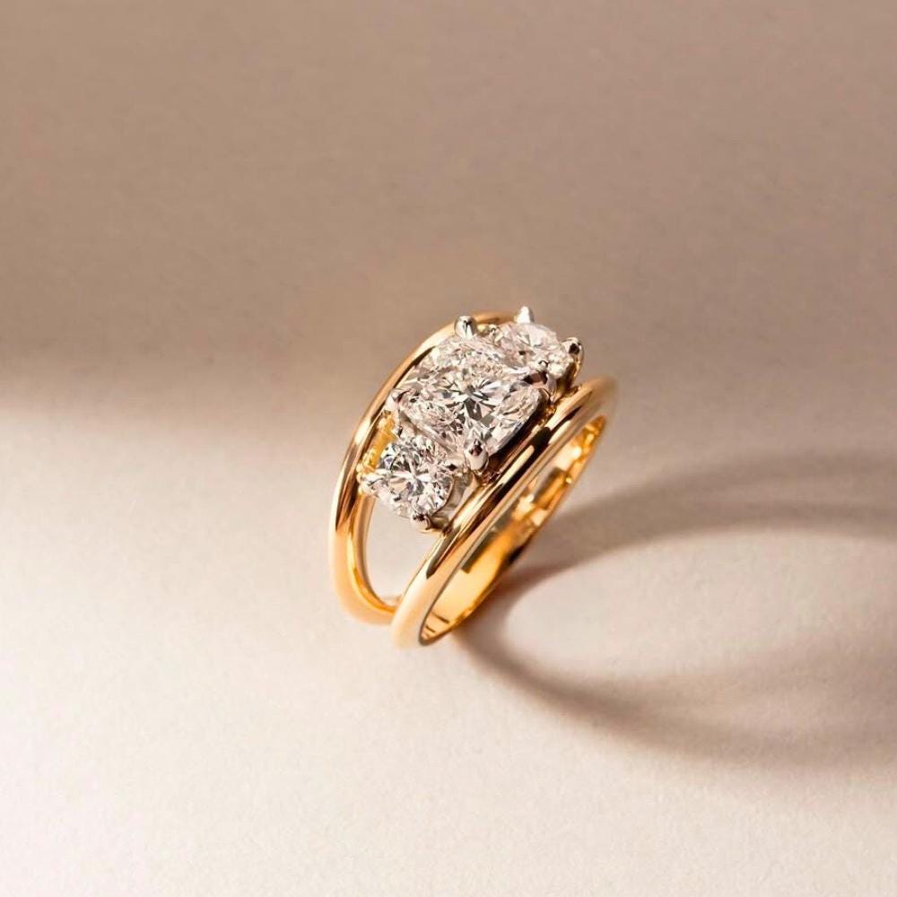 Moissanite Toi et Moi Ring - Cushion & Round Cut, 14K Gold Wedding Split Shank Band