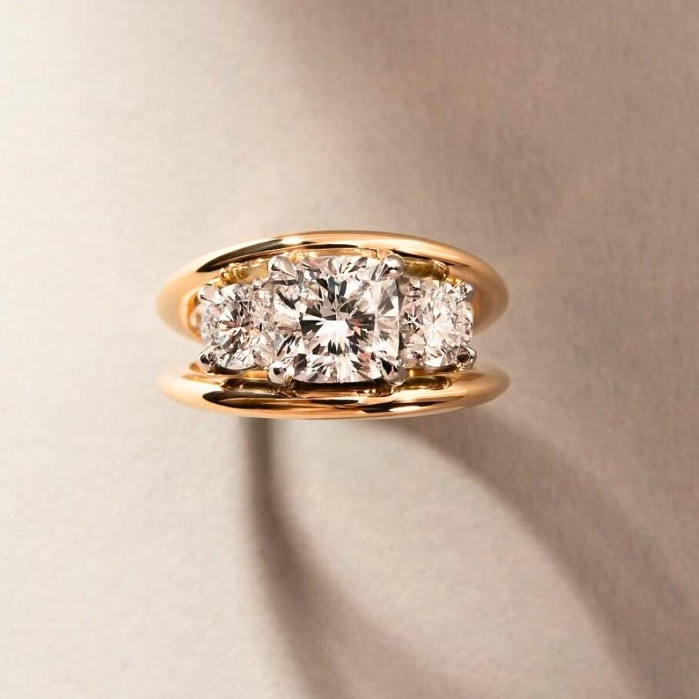 Moissanite Toi et Moi Ring with cushion and round cut stones in 14K gold split shank band