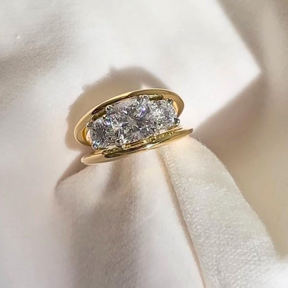 Moissanite Toi et Moi Ring - Cushion & Round Cut, 14K Gold Wedding Split Shank Band