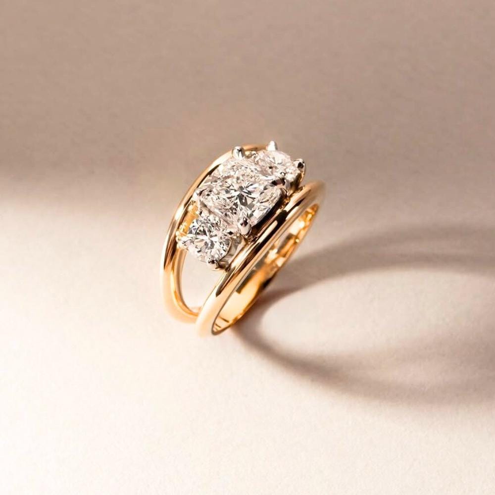 Moissanite Toi et Moi Ring - Cushion & Round Cut, 14K Gold Wedding Split Shank Band